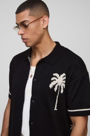 Relaxed Fit Scenic Palm Jacquard Knitted Shirt