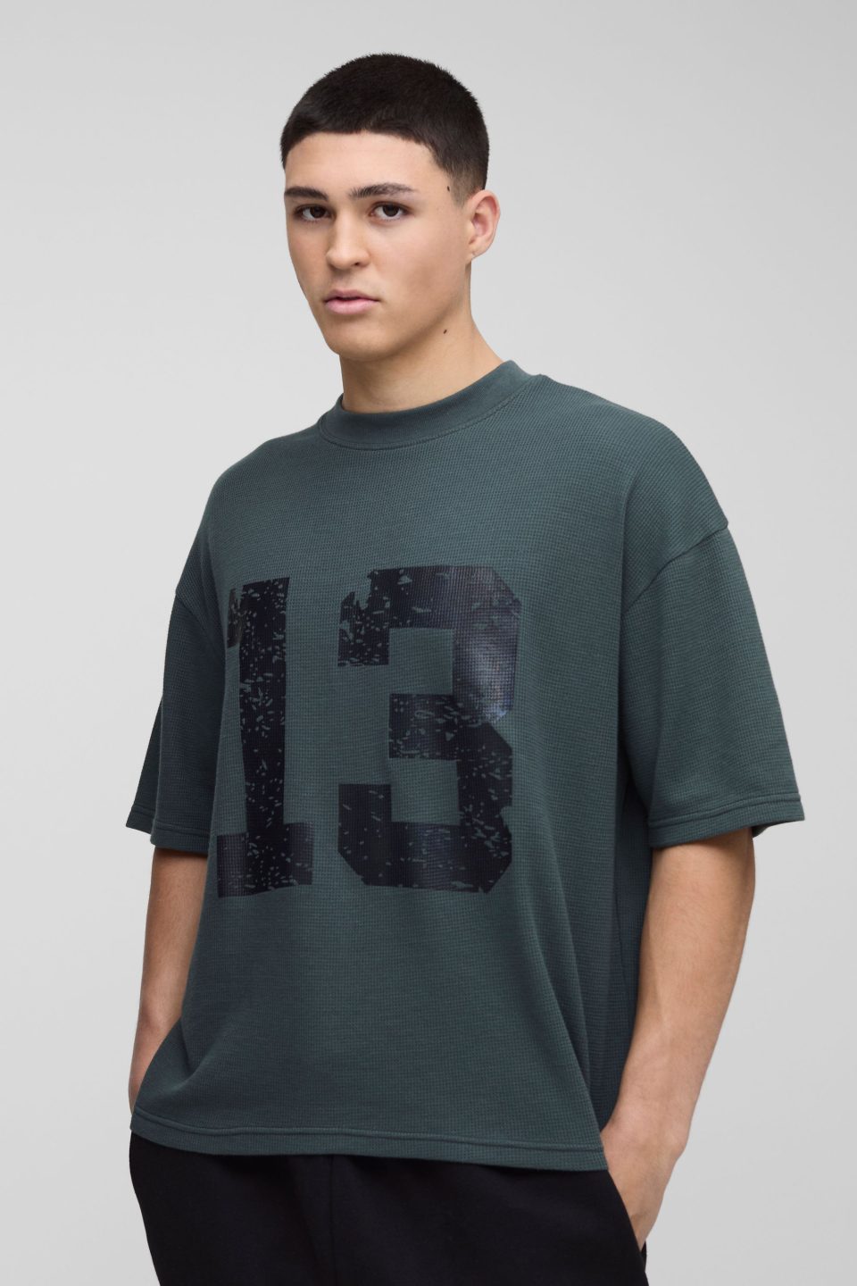 Oversized Boxy Extended Neck 13 Waffle Print T-Shirt