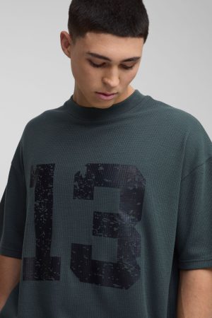 Oversized Boxy Extended Neck 13 Waffle Print T-Shirt