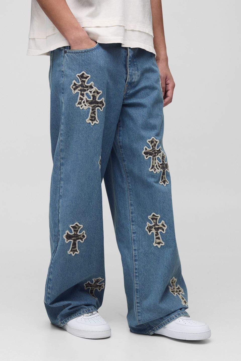 Tall Baggy Rigid Leopard Cross Applique Denim Jeans