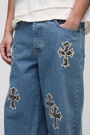 Tall Baggy Rigid Leopard Cross Applique Denim Jeans