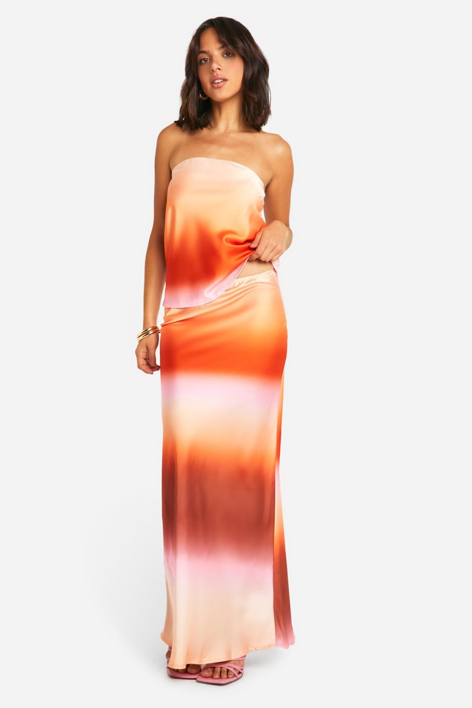 Tonal Ombre Satin Longline Bandeau & Maxi Skirt
