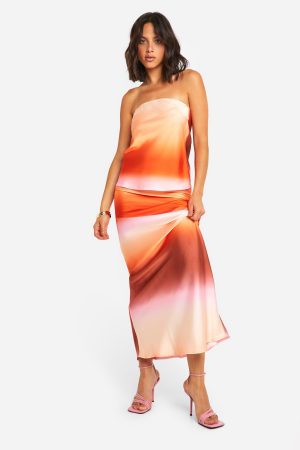 Tonal Ombre Satin Longline Bandeau & Maxi Skirt