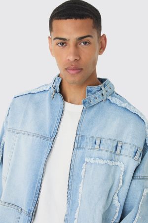 Oversized Dirty Wash Carpenter Denim Biker Jacket