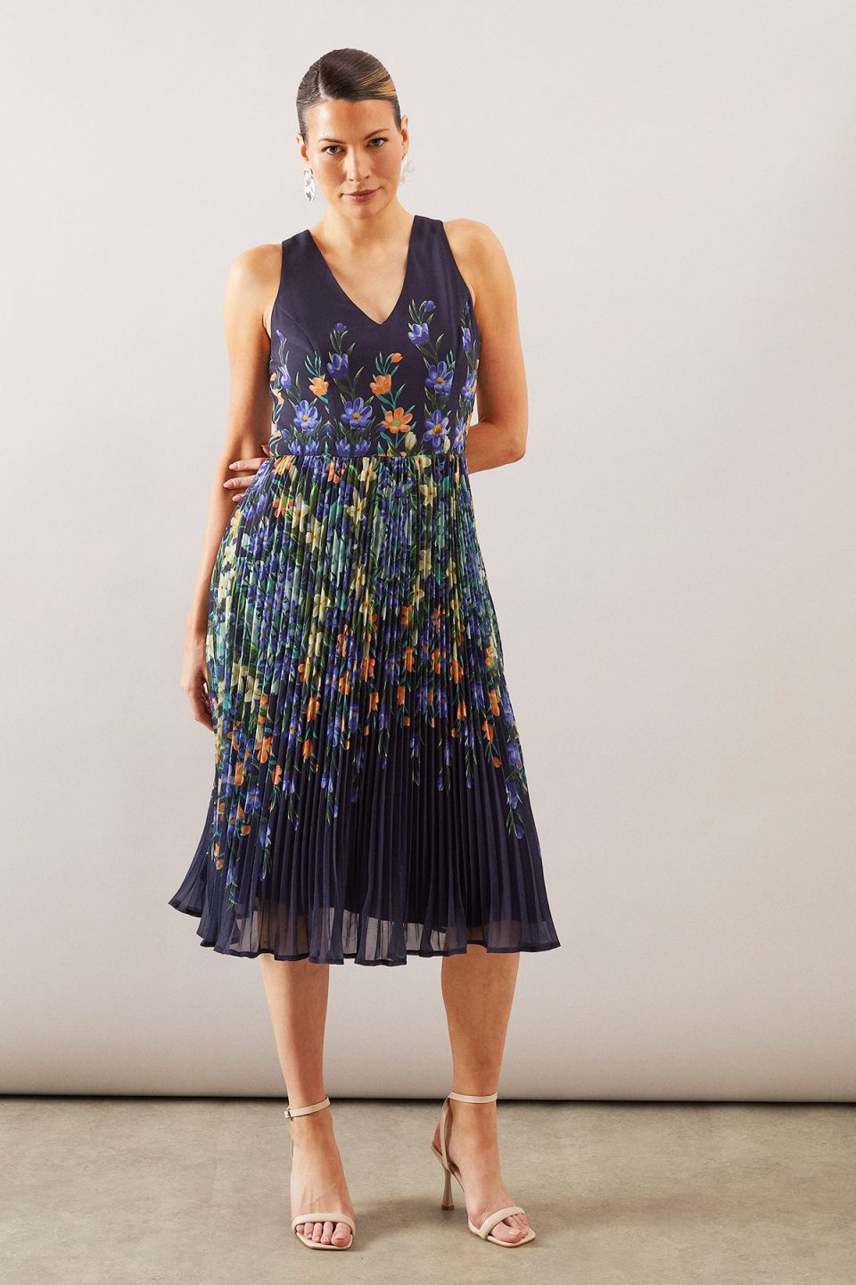Placement Print Pleated Midi Dress