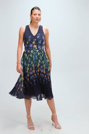 Placement Print Pleated Midi Dress