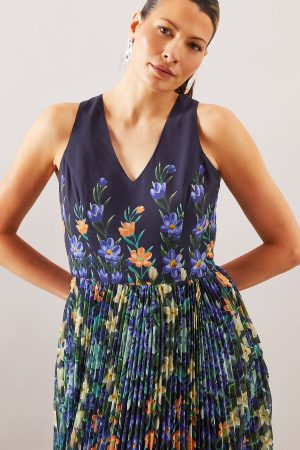 Placement Print Pleated Midi Dress