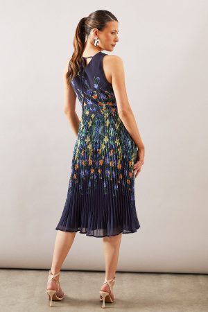 Placement Print Pleated Midi Dress