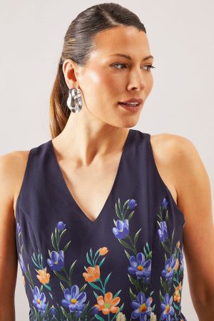 Placement Print Pleated Midi Dress