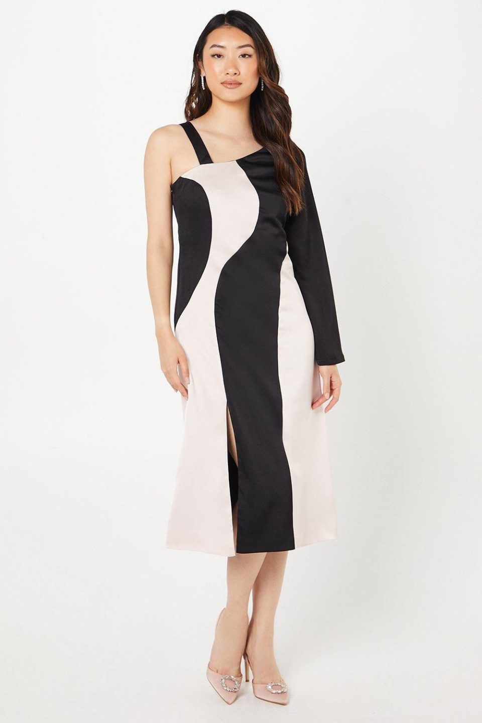Mono Satin Midi Wedding Guest Dress