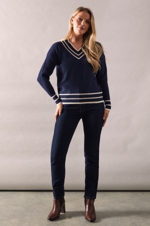 Tipped High V Neck Ribbed Jumper