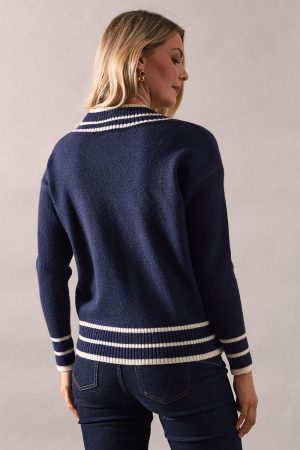 Tipped High V Neck Ribbed Jumper
