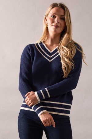 Tipped High V Neck Ribbed Jumper