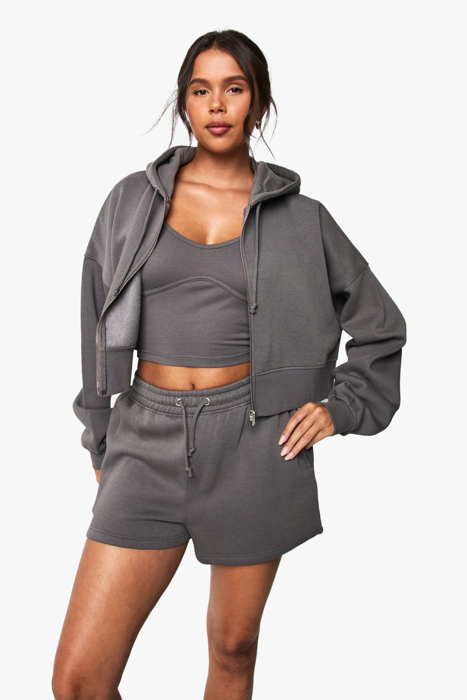 Seam Detail 3 Piece Crop Zip Through Short Tracksuit