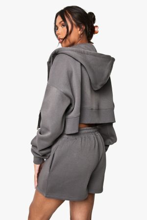 Seam Detail 3 Piece Crop Zip Through Short Tracksuit