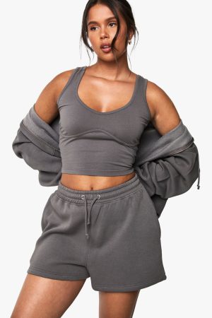 Seam Detail 3 Piece Crop Zip Through Short Tracksuit