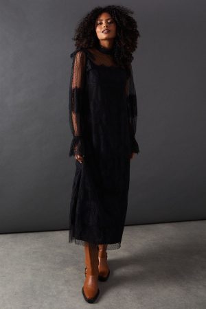 Lace Dobby Ruffle Neck Midi Smock Dress