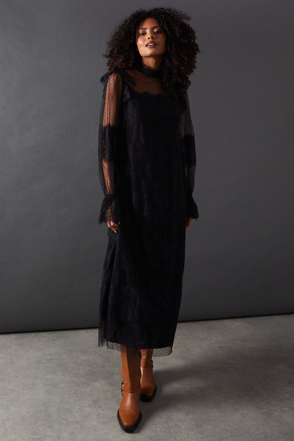 Lace Dobby Ruffle Neck Midi Smock Dress