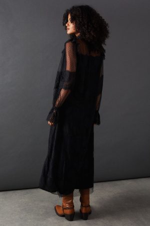 Lace Dobby Ruffle Neck Midi Smock Dress