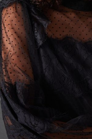 Lace Dobby Ruffle Neck Midi Smock Dress