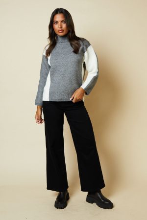 Striped Colour Block High Neck Jumper