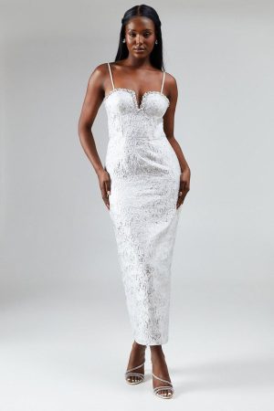 Sweetheart Jewel Trim Jacquard Column Dress