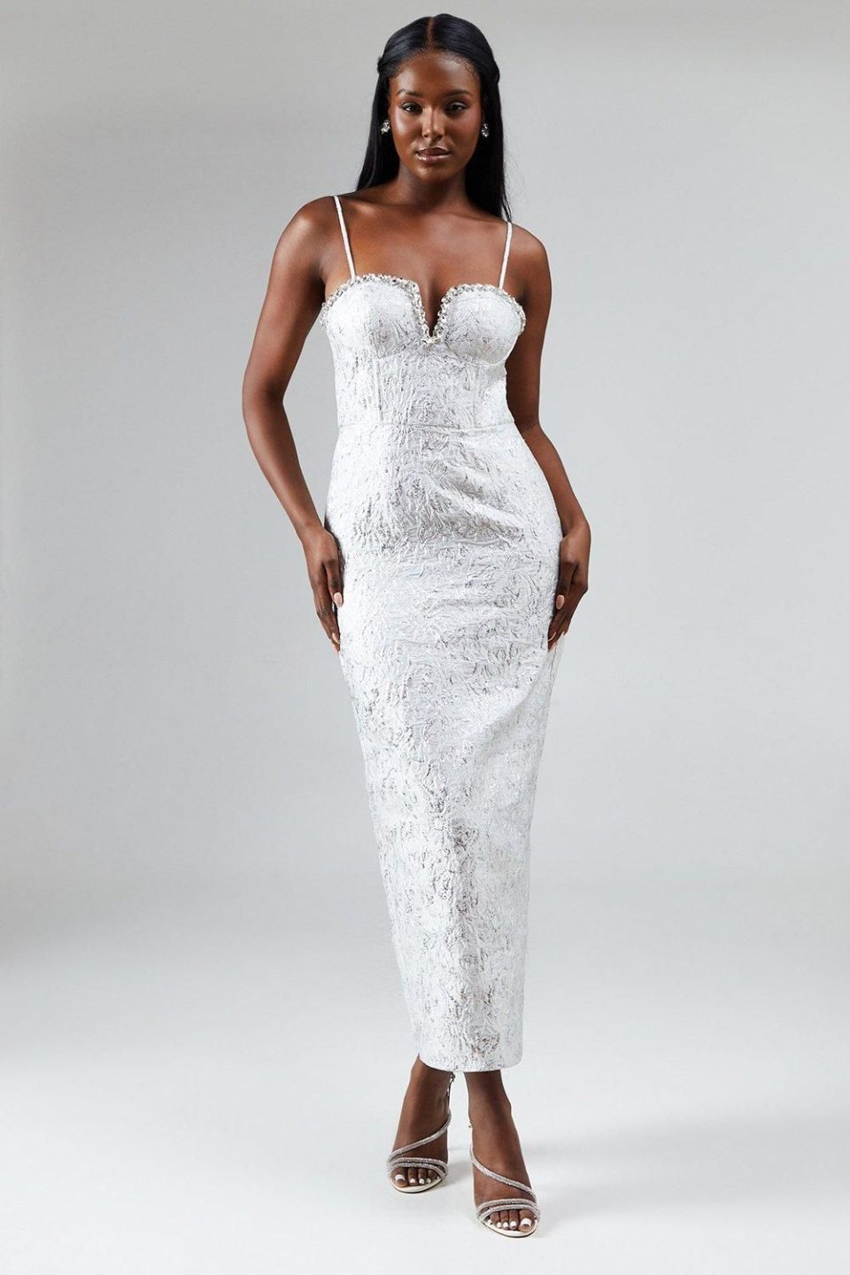 Sweetheart Jewel Trim Jacquard Column Dress