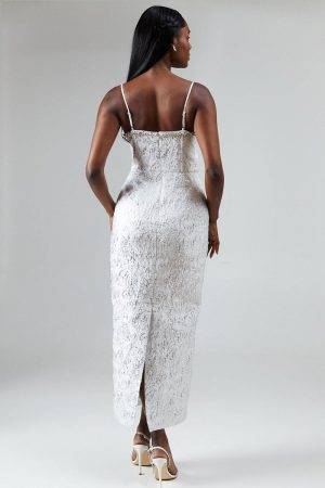 Sweetheart Jewel Trim Jacquard Column Dress