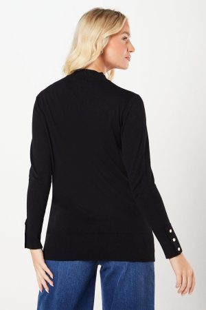 Funnel Neck Button Cuff Longline Jumper