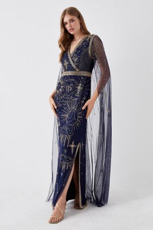Celestial Hand Embellished Cape Back Maxi Dress