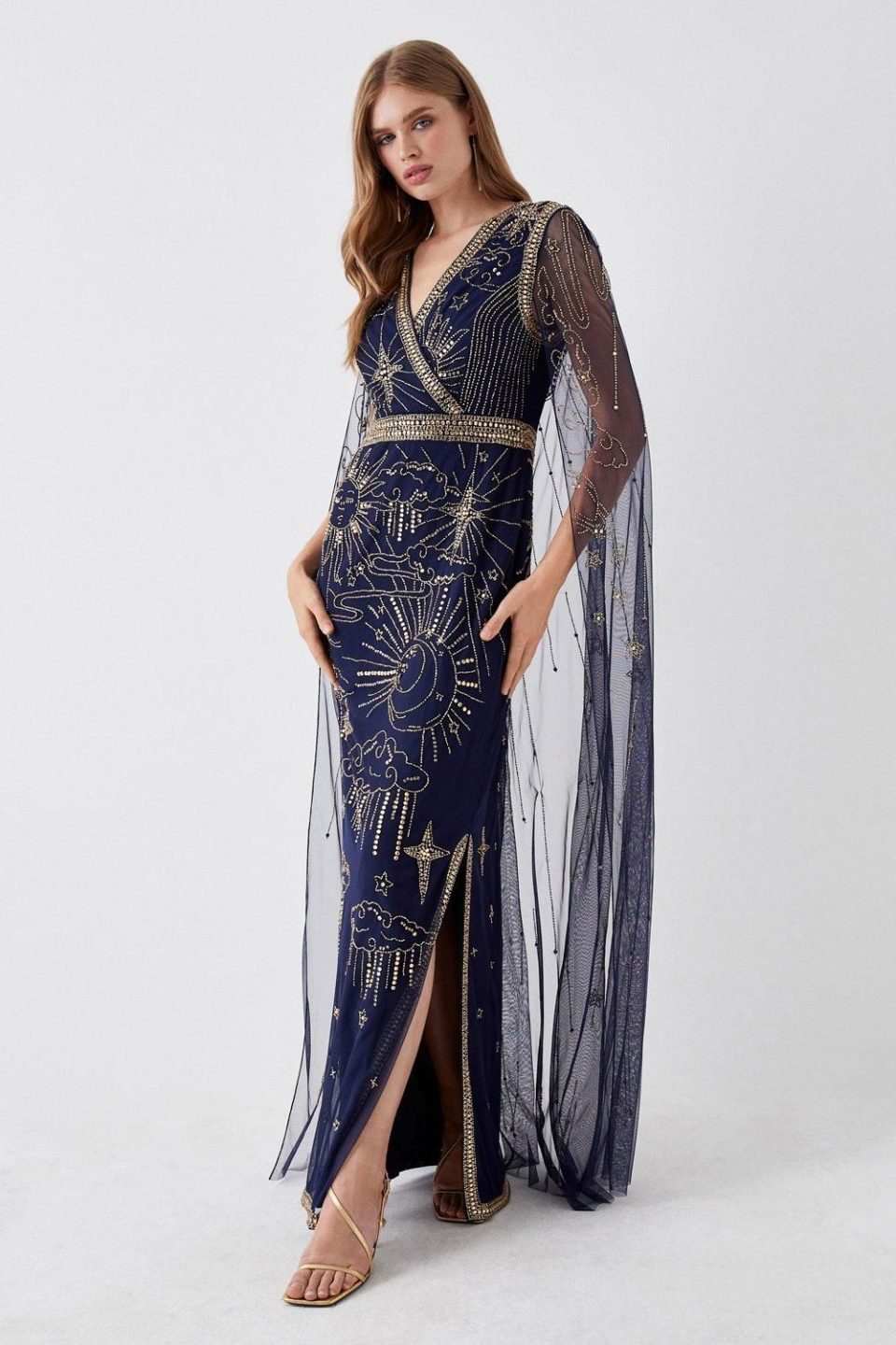 Celestial Hand Embellished Cape Back Maxi Dress
