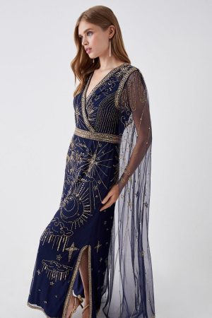 Celestial Hand Embellished Cape Back Maxi Dress