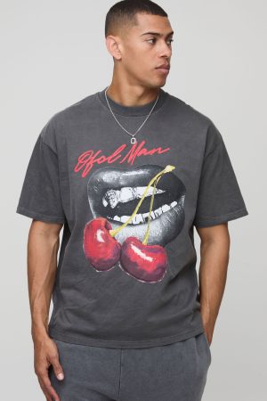 Charcoal Oversized Extended Neck Washed Cherry Lips Graphic T-Shirt