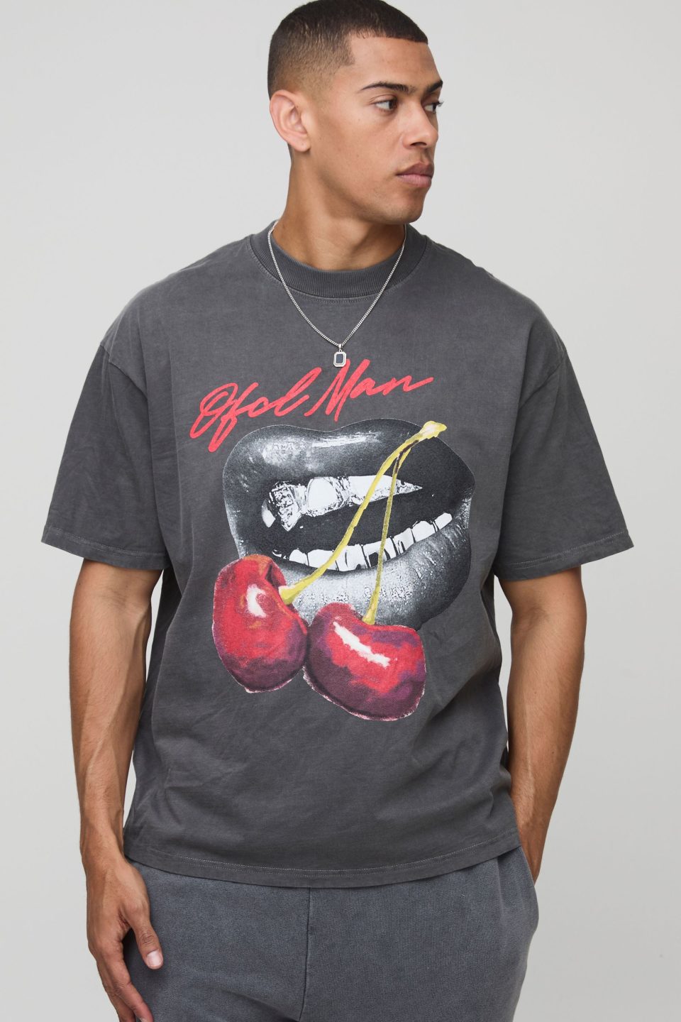 Charcoal Oversized Extended Neck Washed Cherry Lips Graphic T-Shirt