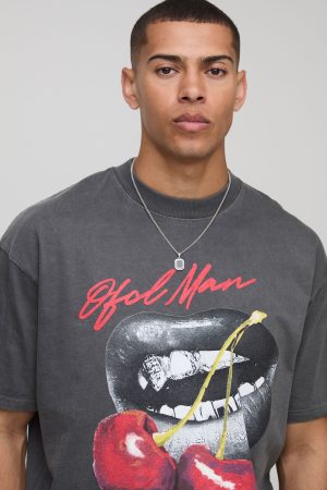 Charcoal Oversized Extended Neck Washed Cherry Lips Graphic T-Shirt