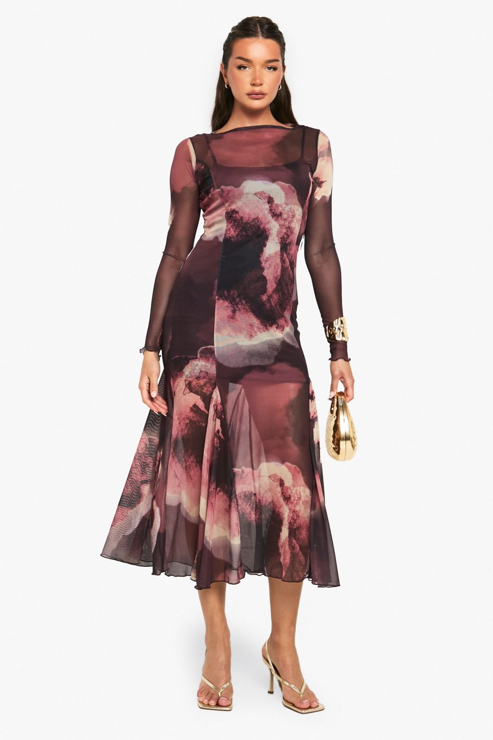 Slash Neck Floral Mesh Print Godet Hem Midaxi Dress