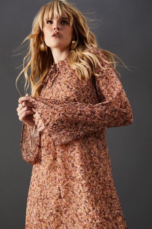 Print Chiffon Ruffle Tie Neck Midi Dress
