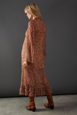 Print Chiffon Ruffle Tie Neck Midi Dress