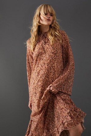 Print Chiffon Ruffle Tie Neck Midi Dress