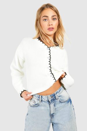 Blanket Stitch Knitted Crop Cardigan