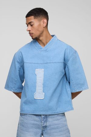 Oversized Boxy Denim V Neck Applique Football Top