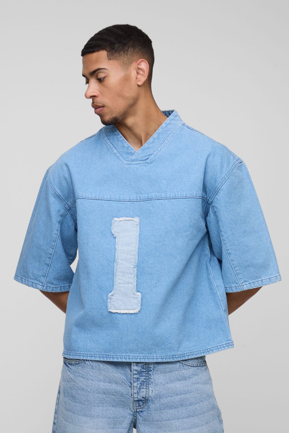Oversized Boxy Denim V Neck Applique Football Top