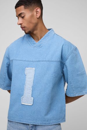 Oversized Boxy Denim V Neck Applique Football Top
