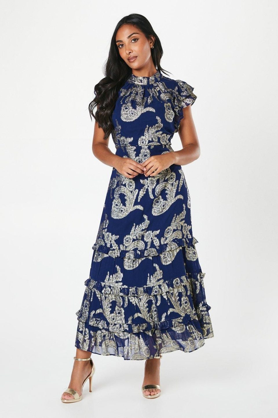 Petite Metallic Ruffle Sleeve Midaxi Dress