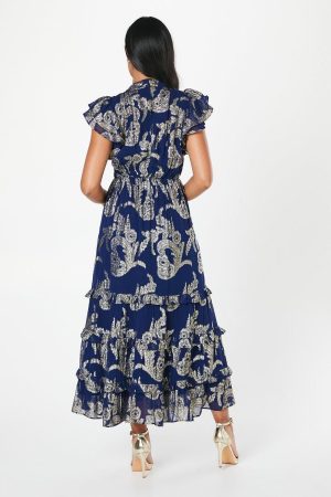 Petite Metallic Ruffle Sleeve Midaxi Dress