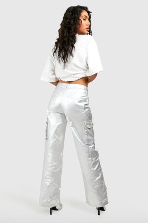Metallic Coated Denim Cargo Jeans