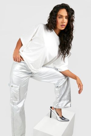 Metallic Coated Denim Cargo Jeans