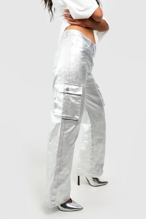 Metallic Coated Denim Cargo Jeans