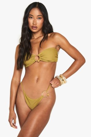 Resin Stone Trim Gold O-Ring Detail Tanga Bikini Bottoms