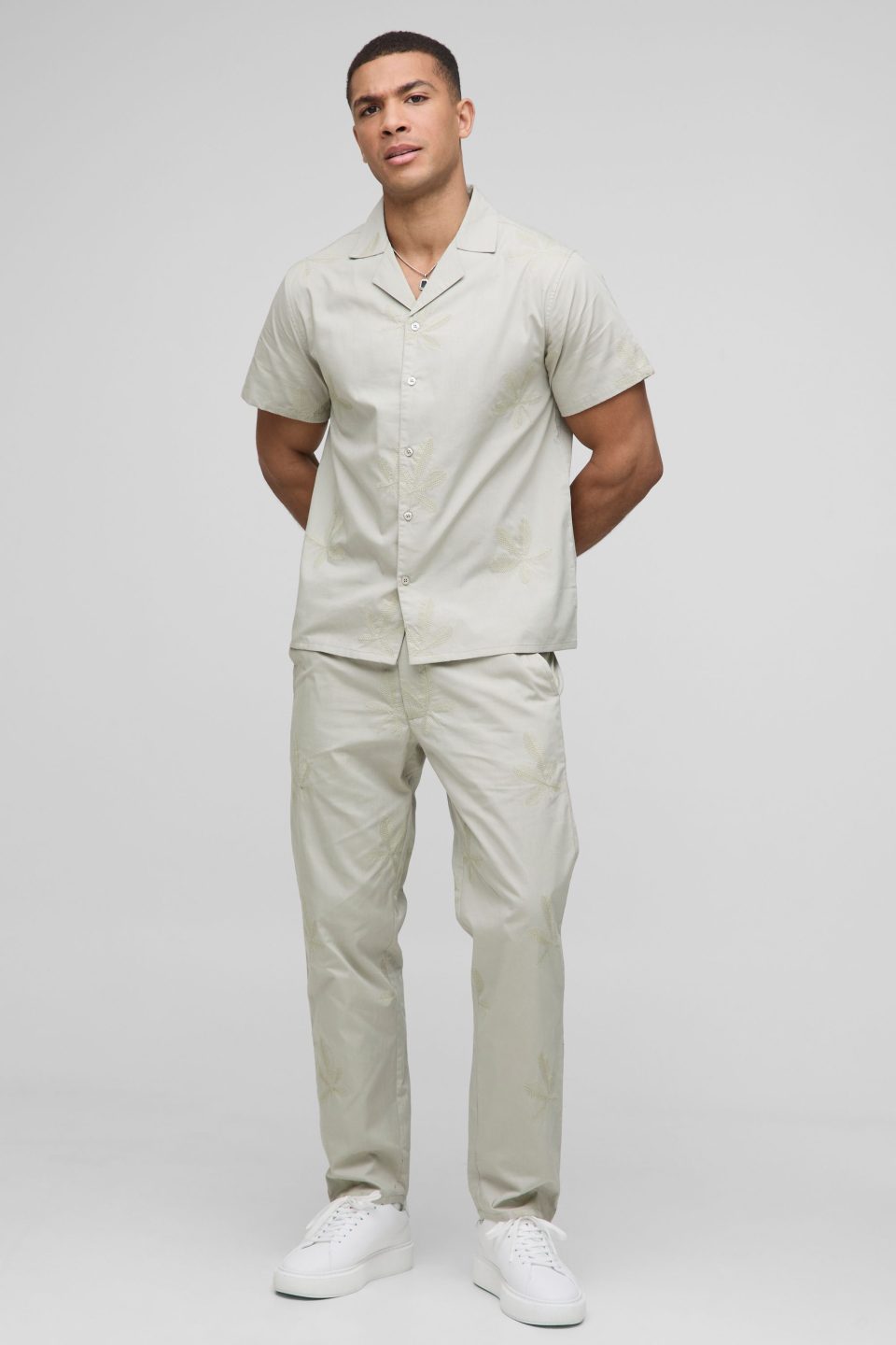 Regular Revere Short Sleeve Leaf Embroidered Shirt & Tapered Trouser Set